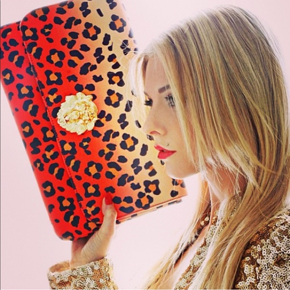 Custom Leopard-Print Fabric Clutch with Lion Head